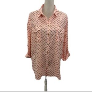 Jones New York Shirt Womens Extra Large XL White Orange Flamingo Blouse Work